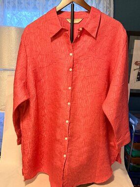 Allison Daley Vintage Pink Button Up 3/4 Sleeve Crinkle Texture Blouse (U3)